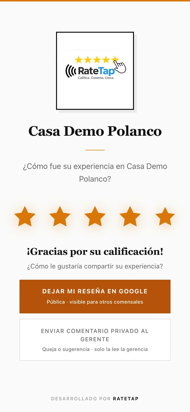 Pantalla del cliente: califica y elige Google o comentario privado